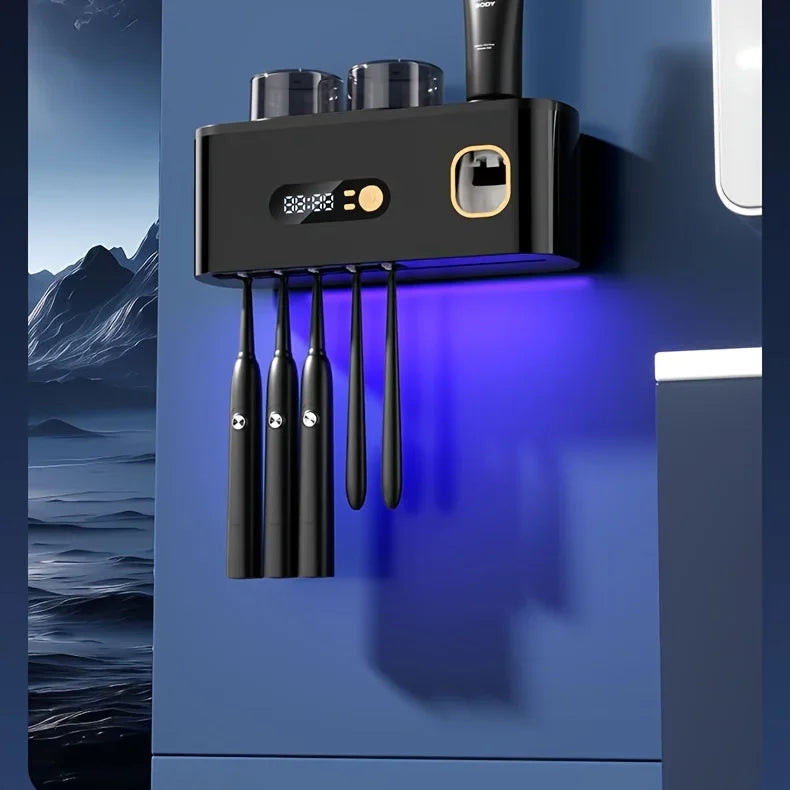 1 smart toothbrush with 2 cups, automatic toothpaste dispenser, 5-slot storage brush holder, USB lithium battery clock display