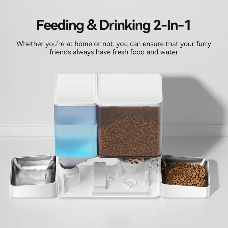 ROJECO 8.5L 2In1 Automatic Pet Feeder Gravity Water Fountain Button Version Auto 5L Cat Kibble Dispenser with 3.5L Water Refill