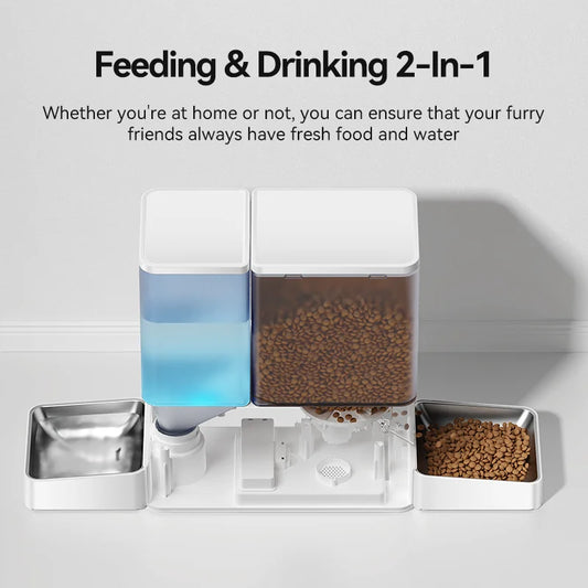 ROJECO 8.5L 2In1 Automatic Pet Feeder Gravity Water Fountain Button Version Auto 5L Cat Kibble Dispenser with 3.5L Water Refill
