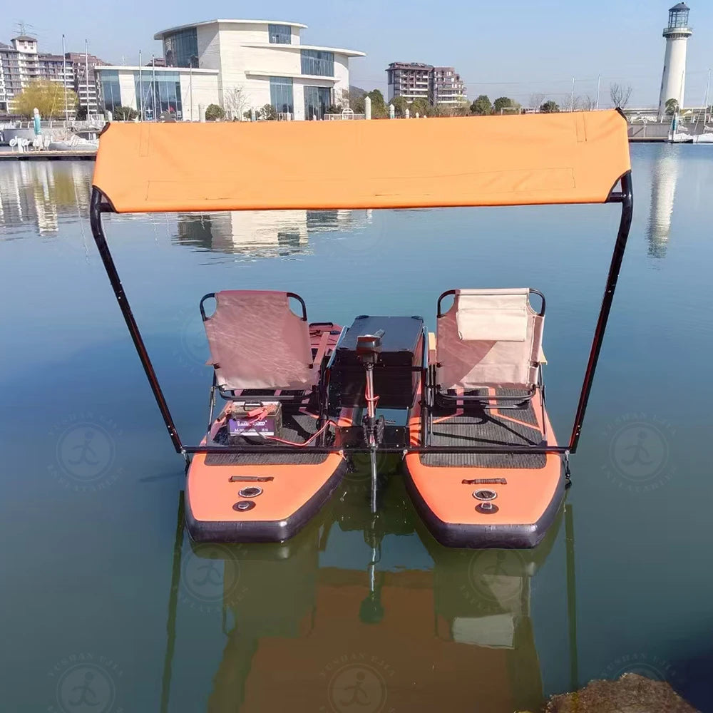 Inflatable Catamaran Boat with Dual Paddleboards and Outboard Motor for Water Adventure
