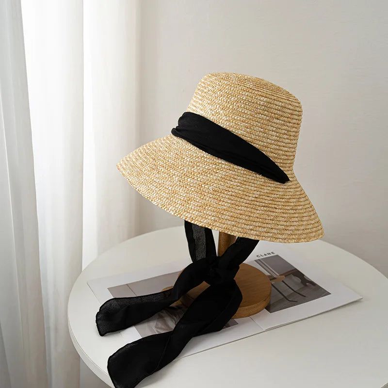 Hepburn style summer straw hat French elegant ladies seaside travel sun hat bow ribbon flat top wide brim straw hat  여름모자