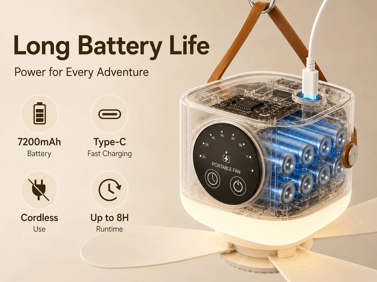 2026 New Portable Rechargeable Ceiling Fan Wireless USB Hanging Fan for Student Dorm Bed Outdoor Camping