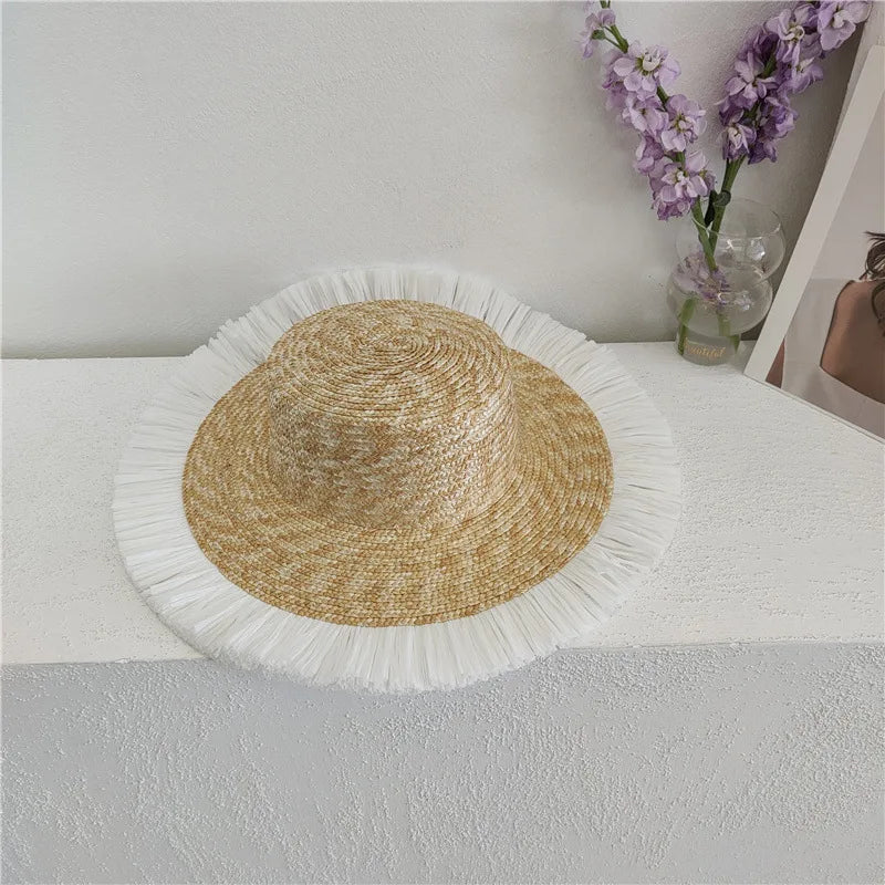 Hepburn style summer straw hat French elegant ladies seaside travel sun hat bow ribbon flat top wide brim straw hat  여름모자