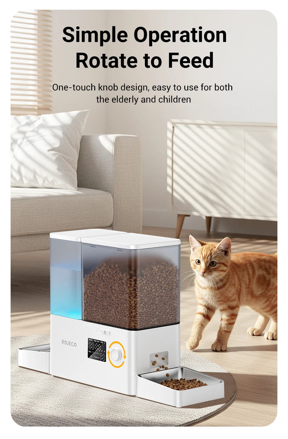 ROJECO 8.5L 2In1 Automatic Pet Feeder Gravity Water Fountain Button Version Auto 5L Cat Kibble Dispenser with 3.5L Water Refill