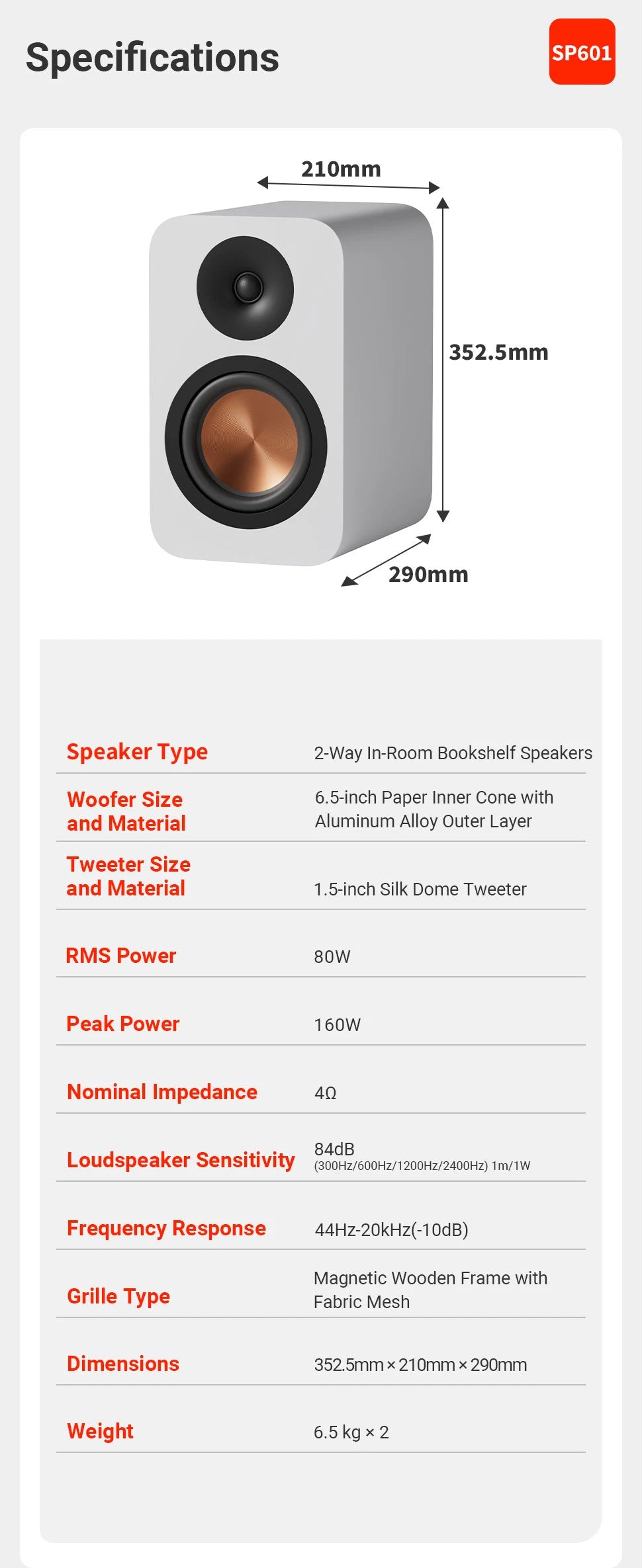 Fosi Audio SP601 6Ω 160W Bookshelf Speaker Hi-Fi Audio for Home Theater ，Desktop Computer