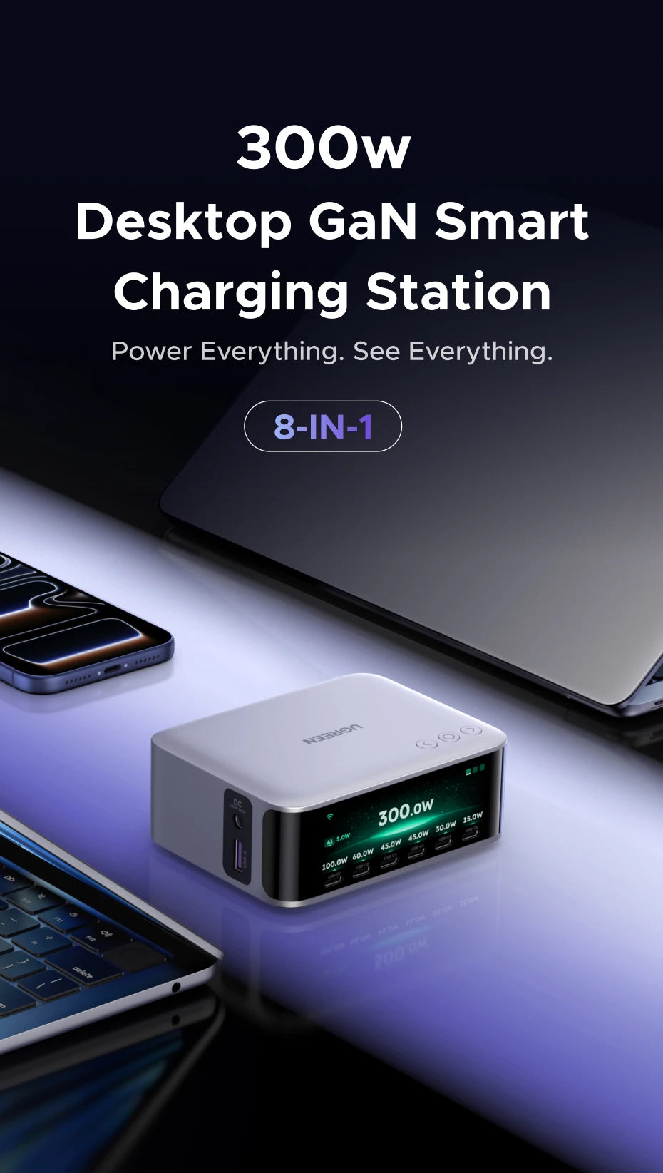 UGREEN 300W GaN Charger With Smart Display AVS PD 3.1 7 IN 1 Desktop Charging Station For MacBook Pro Laptop iPhone Samsung iPad