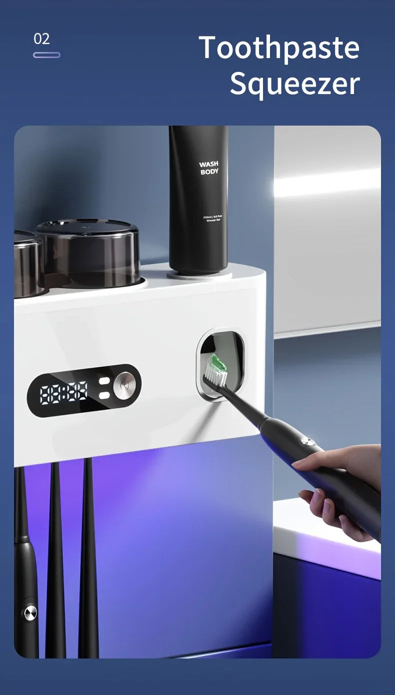 1 smart toothbrush with 2 cups, automatic toothpaste dispenser, 5-slot storage brush holder, USB lithium battery clock display