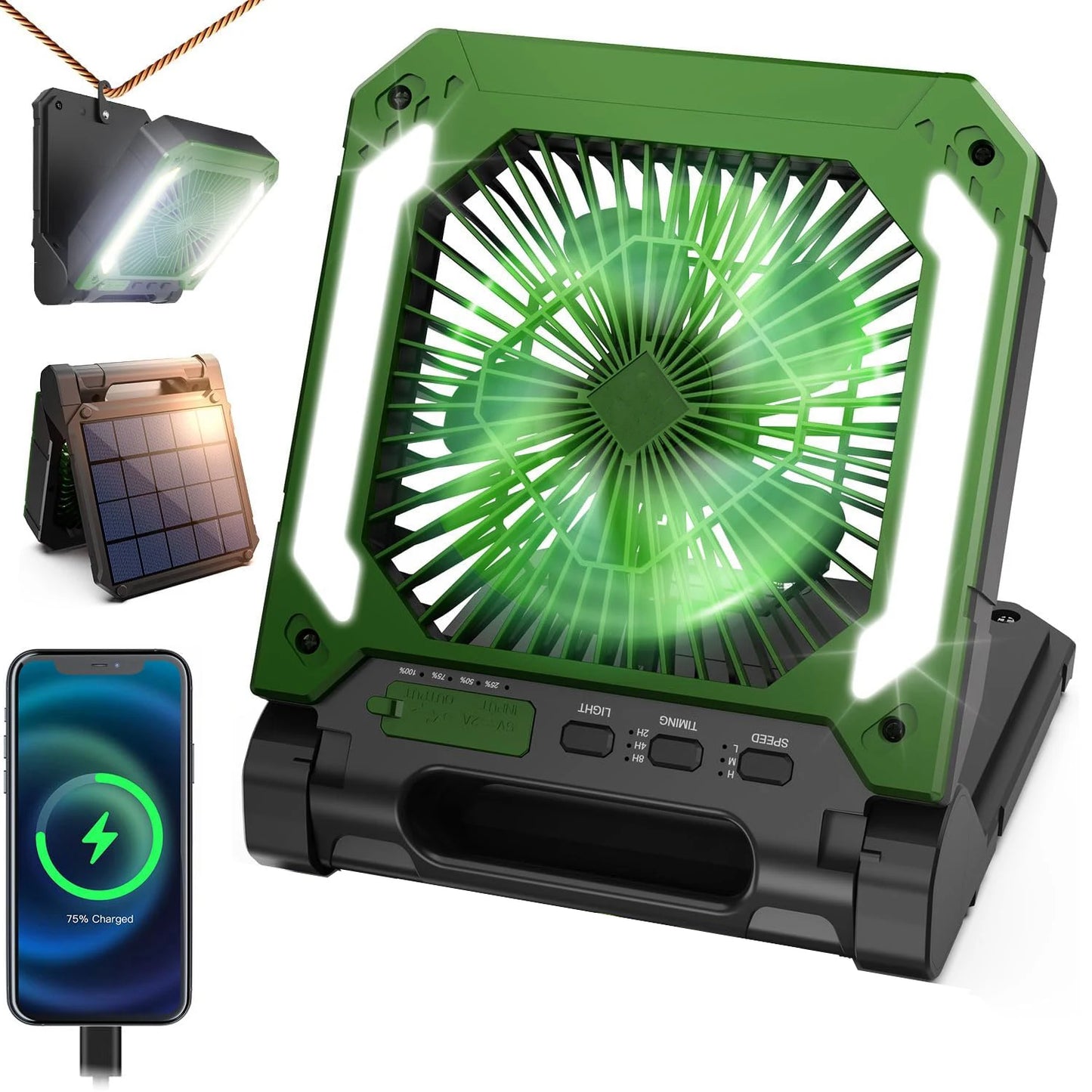 Portable Solar Camping Fan with Light,3Speeds Rechargeable 10000mAh Battery Powered&Timer&Hook&PowerBank for Hiking Picnic RV