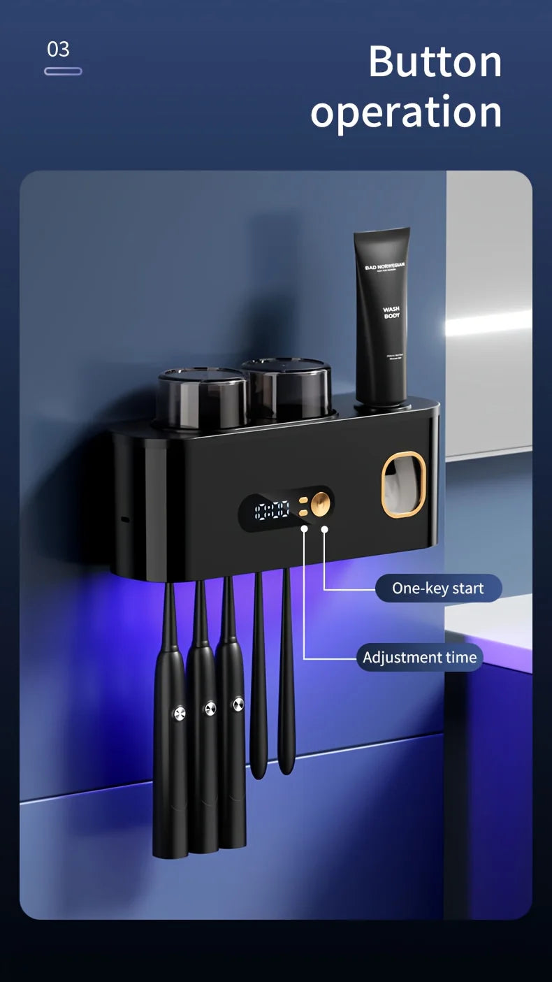 1 smart toothbrush with 2 cups, automatic toothpaste dispenser, 5-slot storage brush holder, USB lithium battery clock display