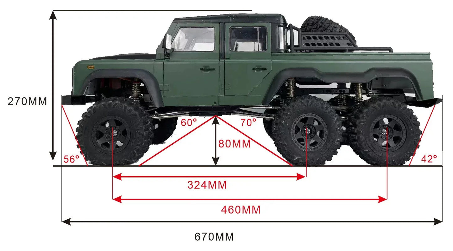 AXX6 1:10 6x6 RC Crawler Truck 6WD Off-Road Rock Climbing Car, 2-Speed Gearbox, Differential Lock, Portal Axles Simulation Model
