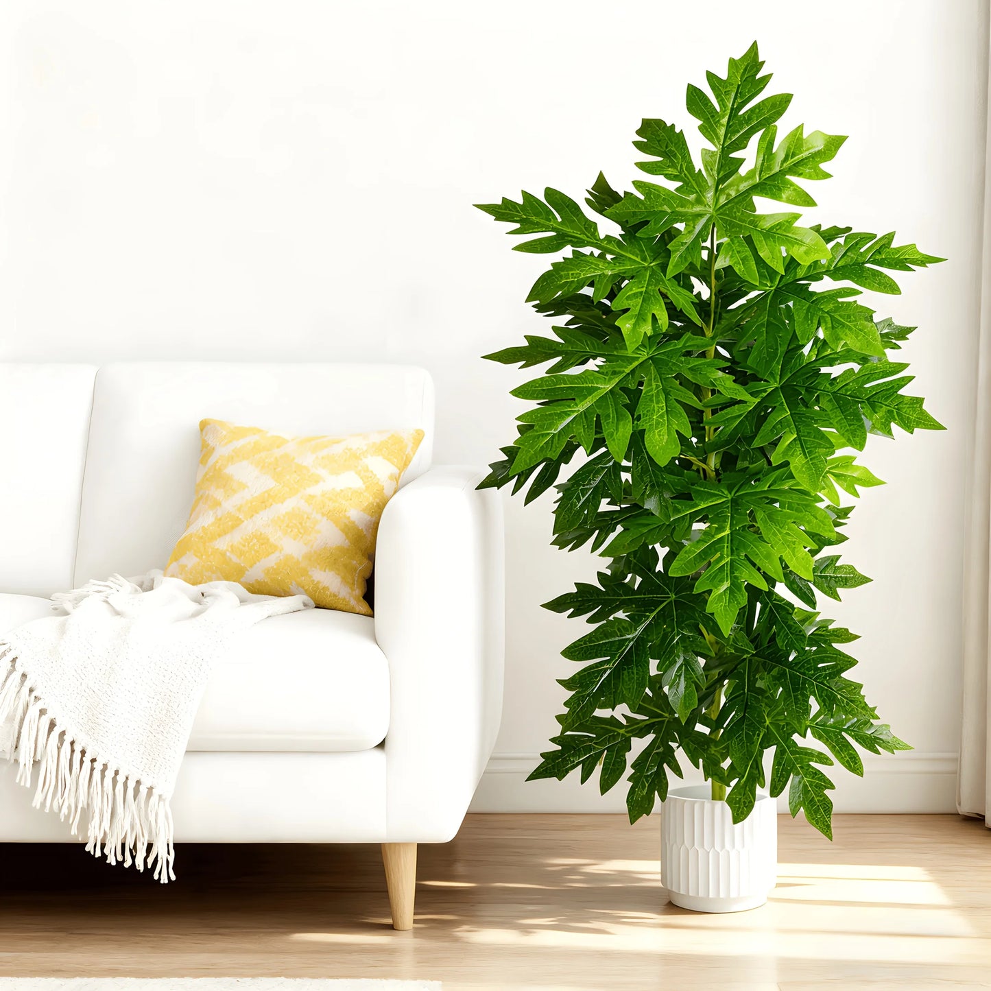1Pcs Large Lifelike Artificial Rosaceae Papaya Leaf Plant 15-Leaf Simulated Monster Plant, Artificial Flowers Green Potted Plant