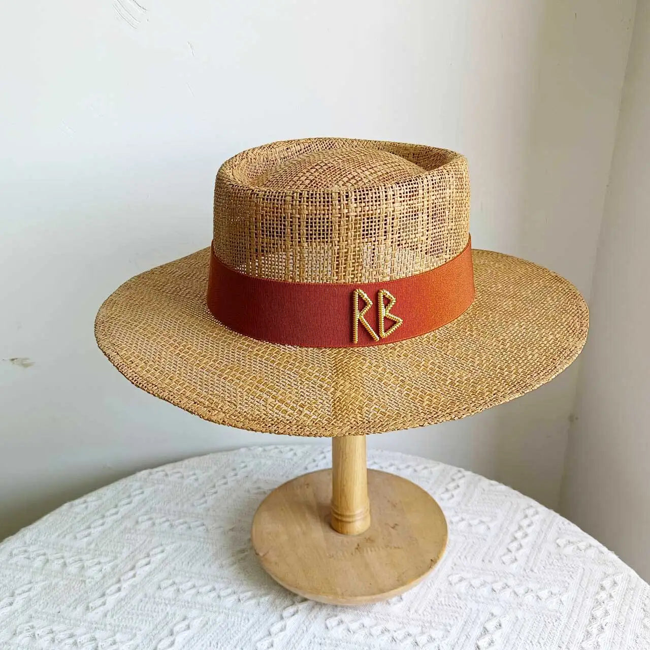 Metal RB letter summer straw hat for men and women summer outdoor vacation beach sun hat panama hat  beach accessories