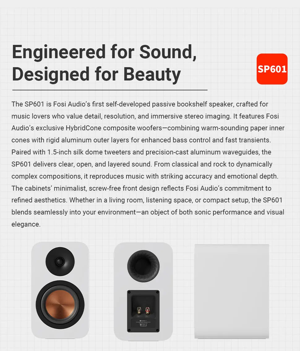 Fosi Audio SP601 6Ω 160W Bookshelf Speaker Hi-Fi Audio for Home Theater ，Desktop Computer