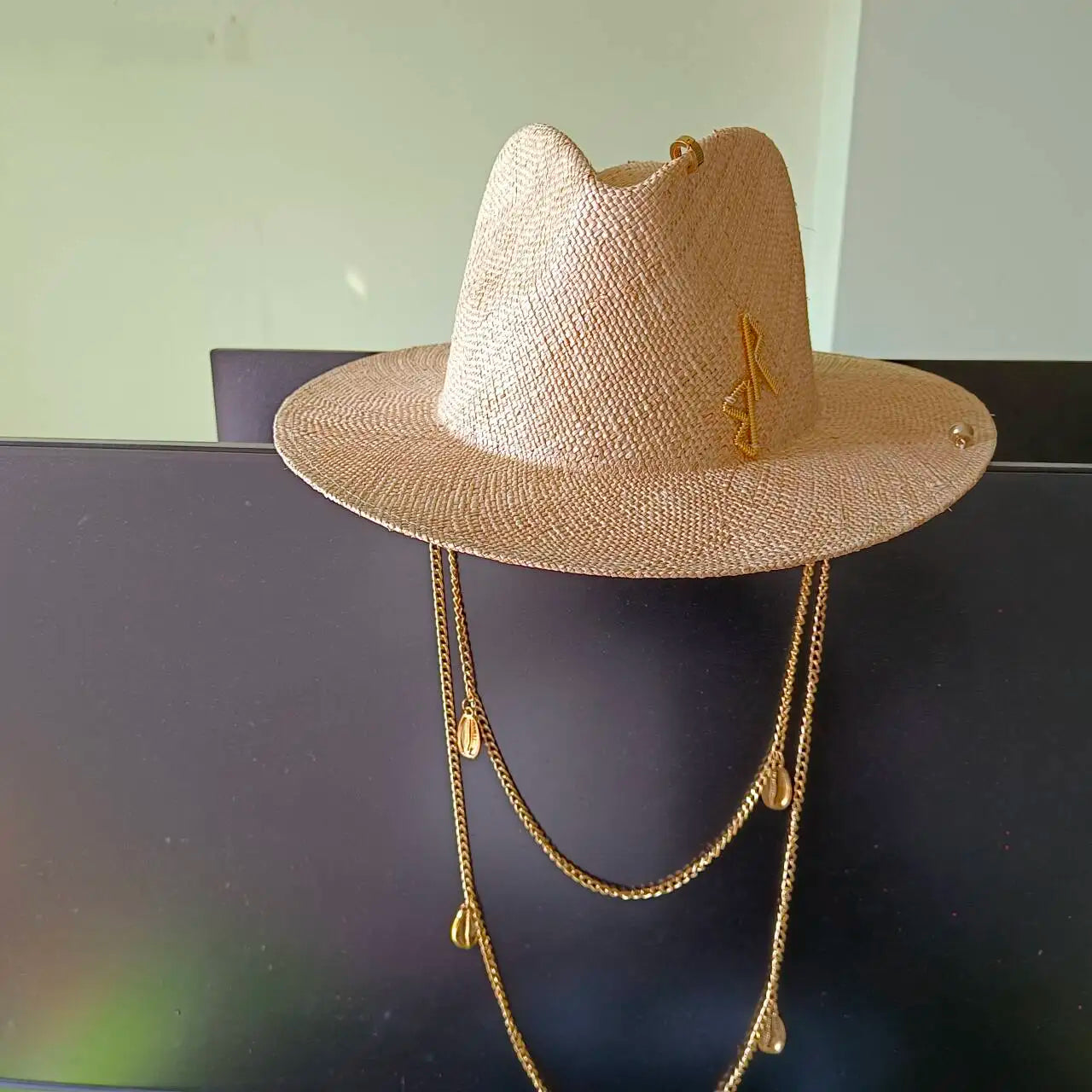 Metal RB letter summer straw hat for men and women summer outdoor vacation beach sun hat panama hat  beach accessories