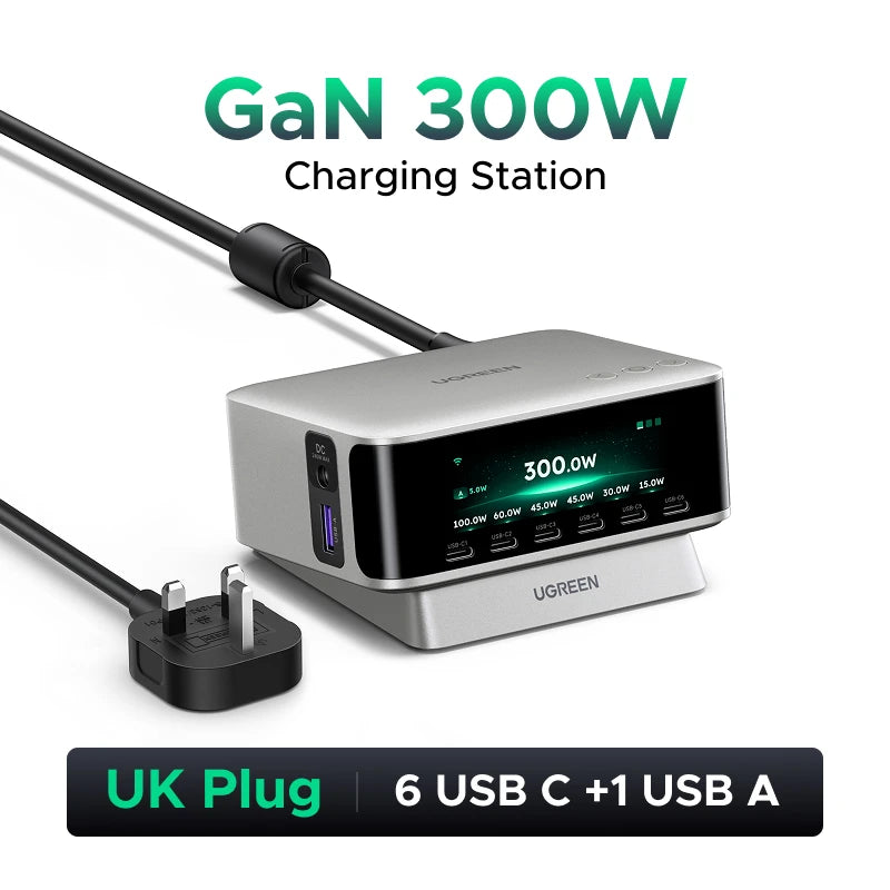 UGREEN 300W GaN Charger With Smart Display AVS PD 3.1 7 IN 1 Desktop Charging Station For MacBook Pro Laptop iPhone Samsung iPad