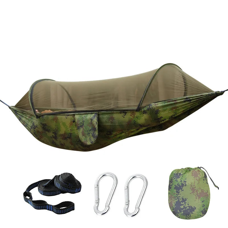 Outdoor hammock with quick‑installation, automatic‑deployment, and mosquito‑proof support poles; portable, durable camping and c