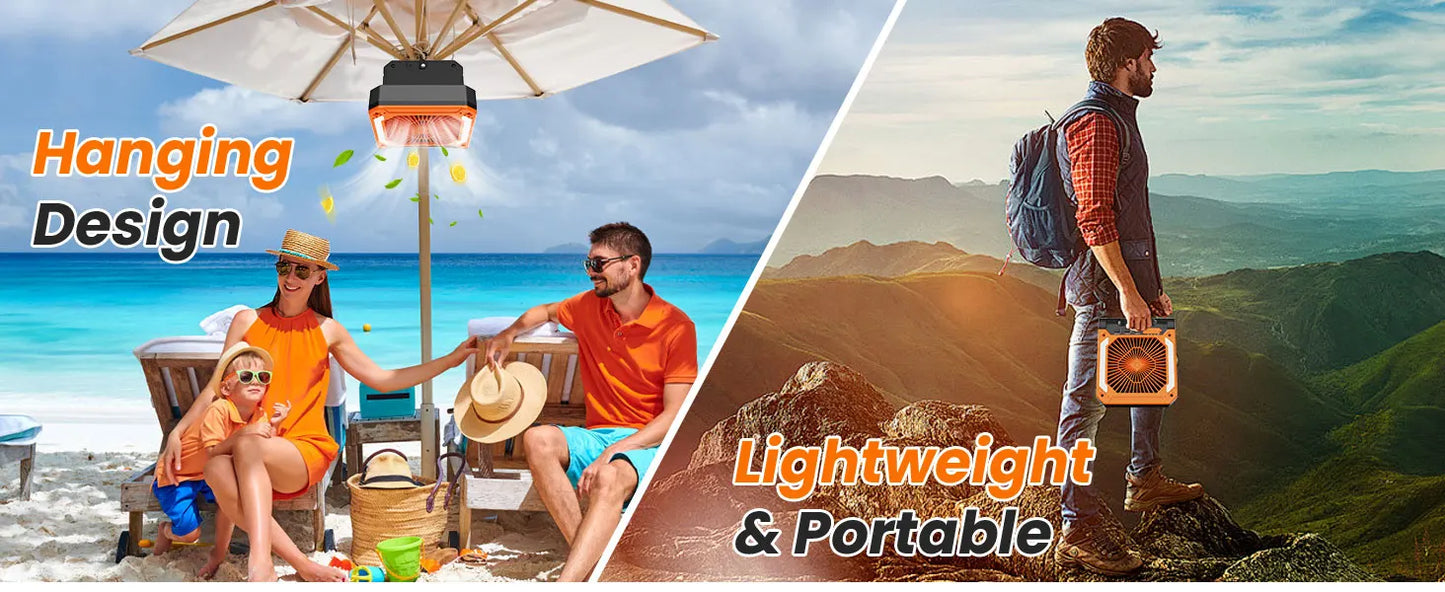 Portable Solar Camping Fan with Light,3Speeds Rechargeable 10000mAh Battery Powered&Timer&Hook&PowerBank for Hiking Picnic RV