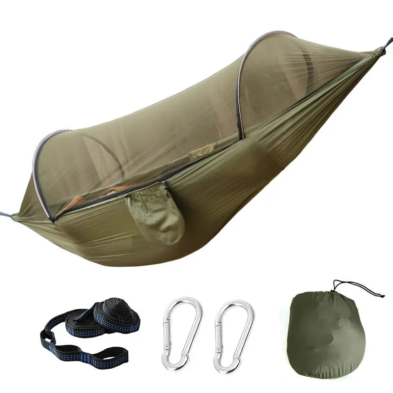 Outdoor hammock with quick‑installation, automatic‑deployment, and mosquito‑proof support poles; portable, durable camping and c