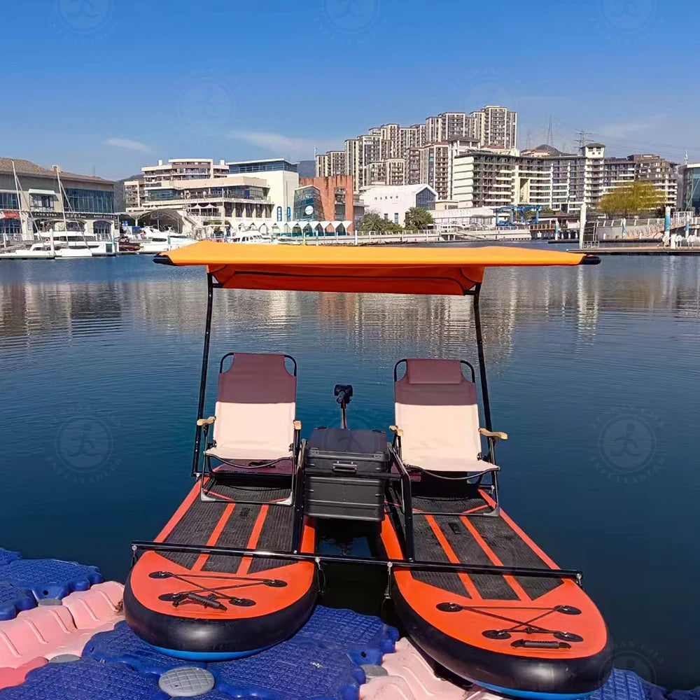 Inflatable Catamaran Boat with Dual Paddleboards and Outboard Motor for Water Adventure