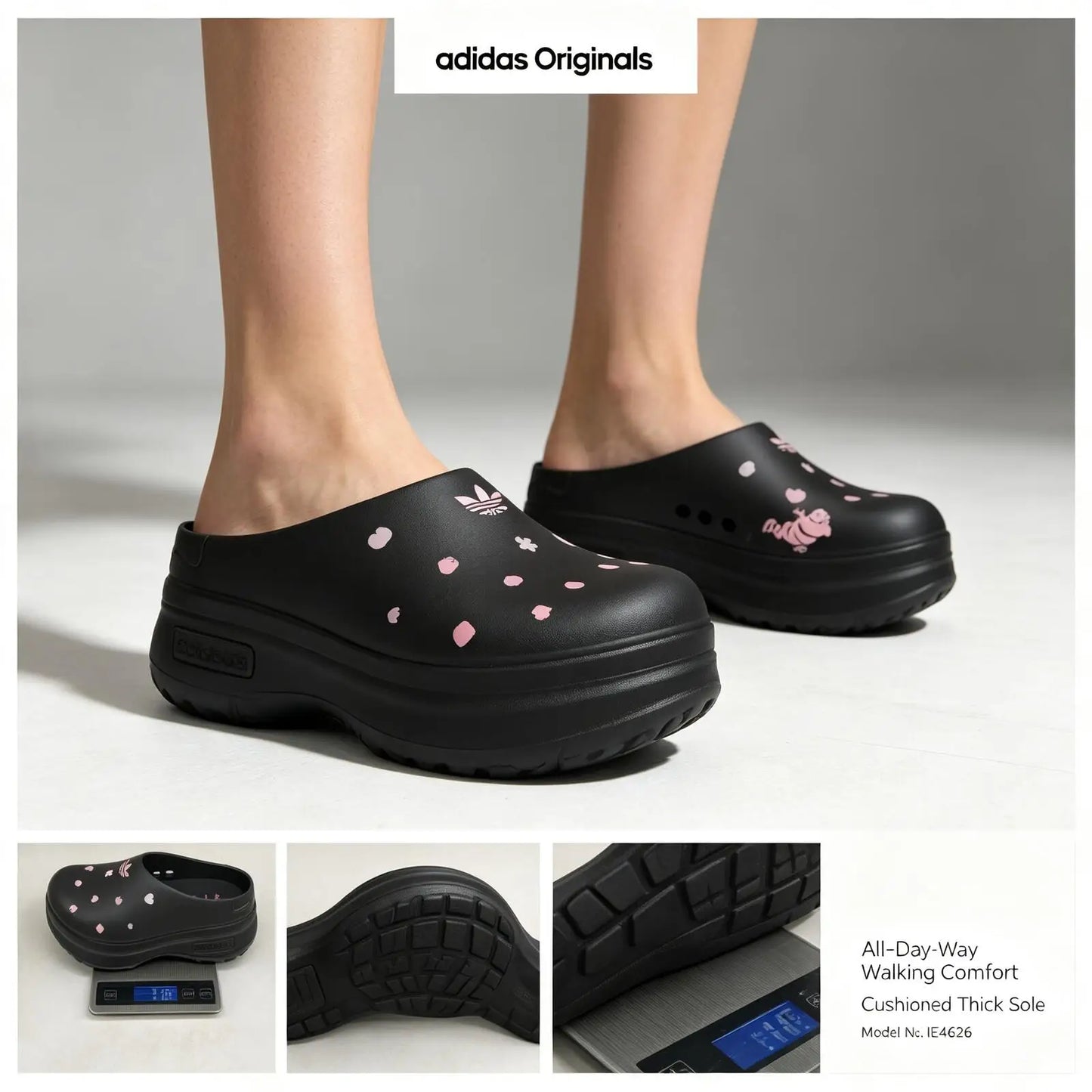 Adidas Originals x Disney Women Platform Clogs Slip On Mules Pink Heart Print Waterproof EVA Chunky Sole Streetwear Sandals