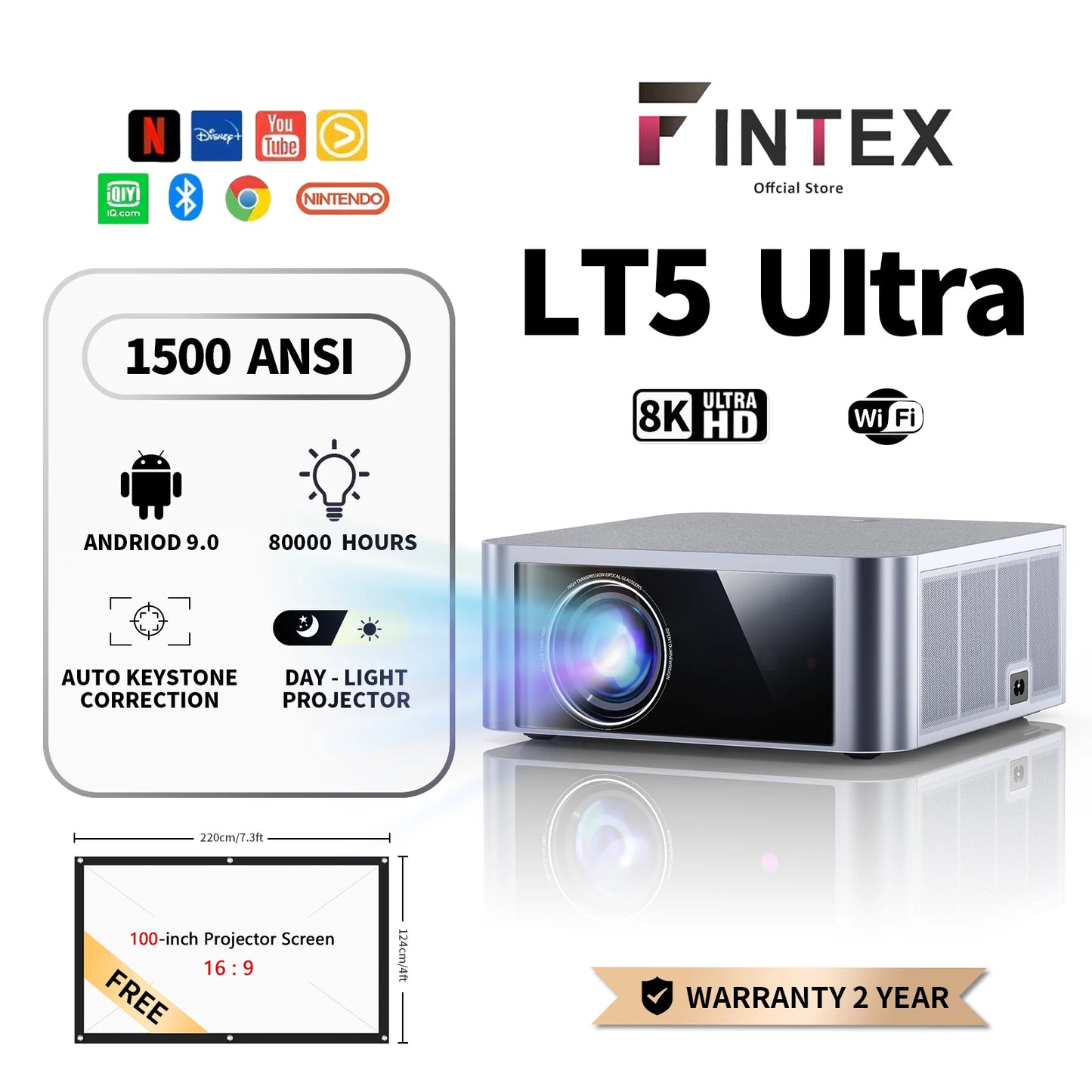 FINTEX LT5 Ultra 25000Lumen Projector Online 8k Full HD 1080P HDR10 Proyector 1500 ANSI Android9.0 ASA3.0 Auto Focus Projectors