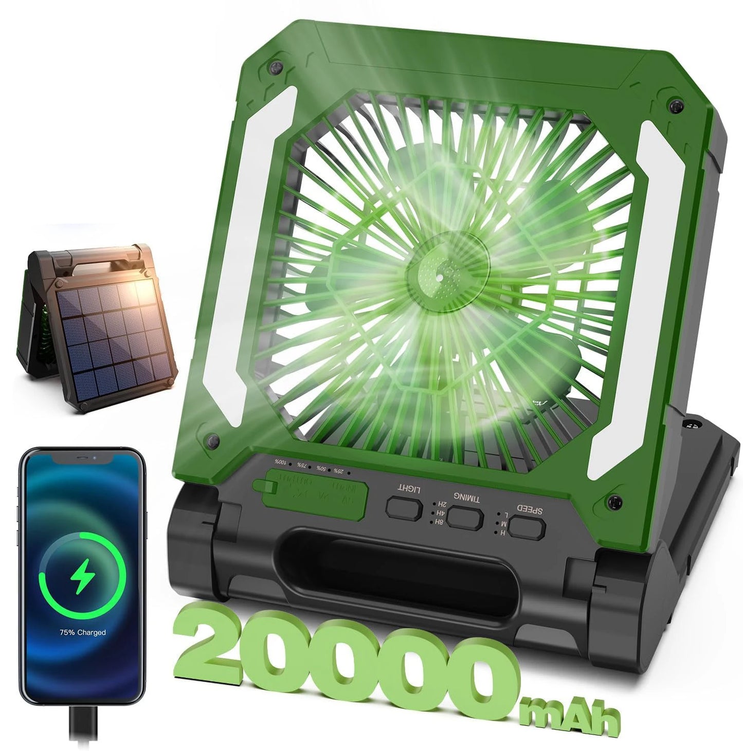 Portable Solar Camping Fan with Light,3Speeds Rechargeable 10000mAh Battery Powered&Timer&Hook&PowerBank for Hiking Picnic RV