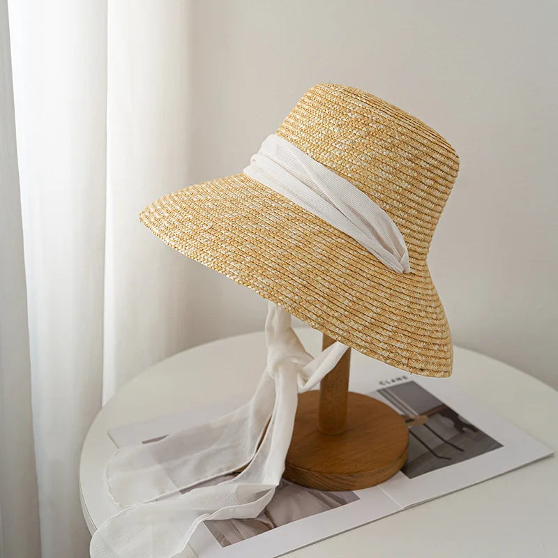 Hepburn style summer straw hat French elegant ladies seaside travel sun hat bow ribbon flat top wide brim straw hat  여름모자