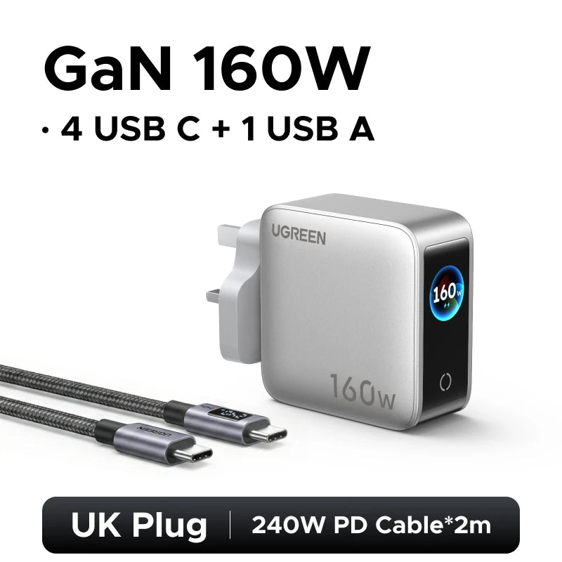 UGREEN 160W GaN Charger With Smart Display AVS PD 3.1 140W QC4.0 For MacbookPro Laptop iPhone 17 16 iPad Tablet SamsungS25 Ultra