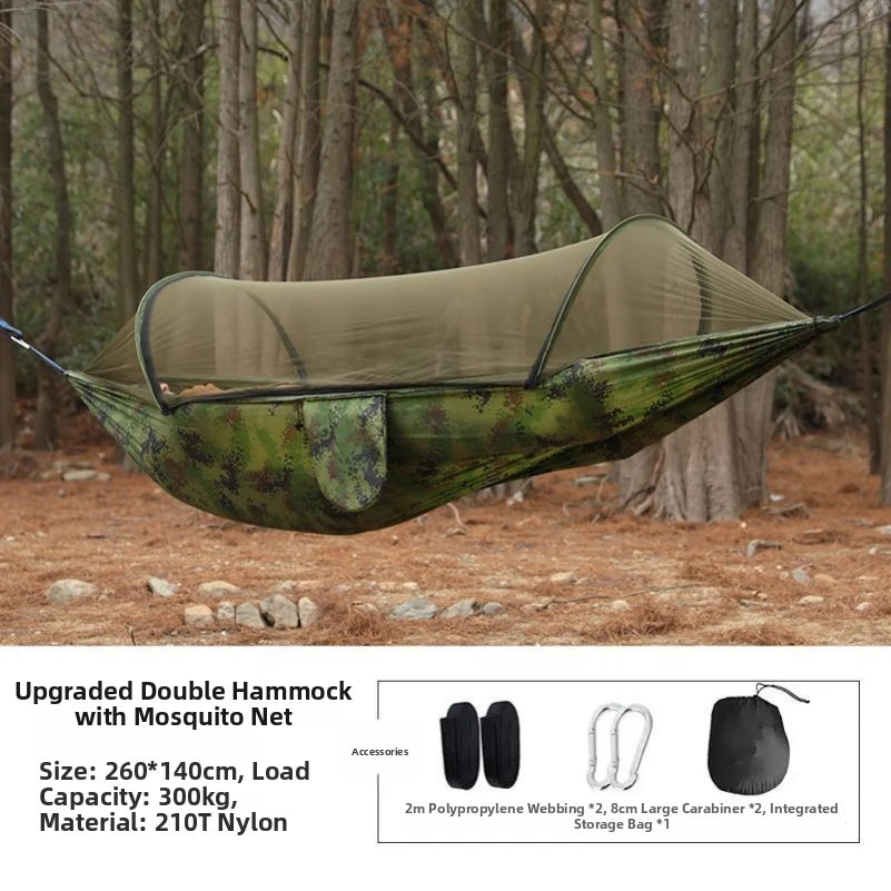 Outdoor hammock with quick‑installation, automatic‑deployment, and mosquito‑proof support poles; portable, durable camping and c