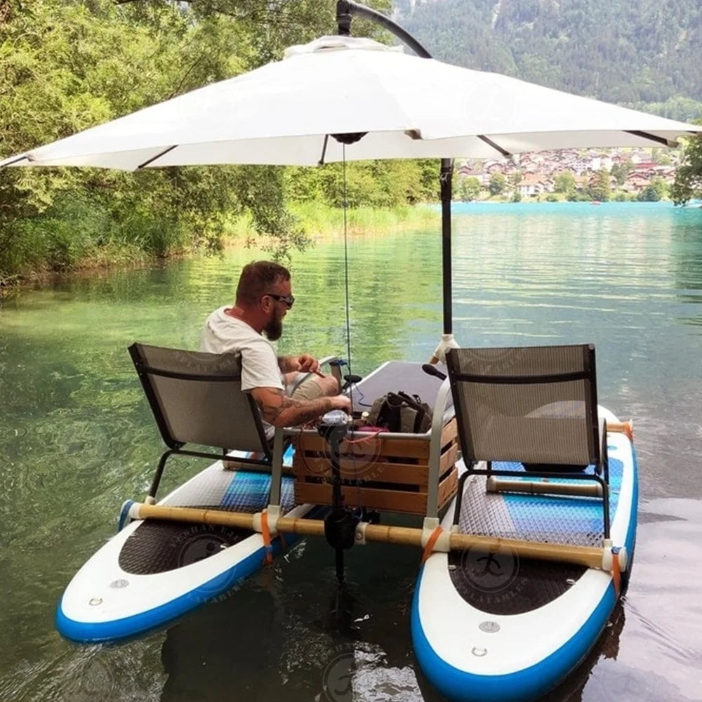Inflatable Catamaran Boat with Dual Paddleboards and Outboard Motor for Water Adventure