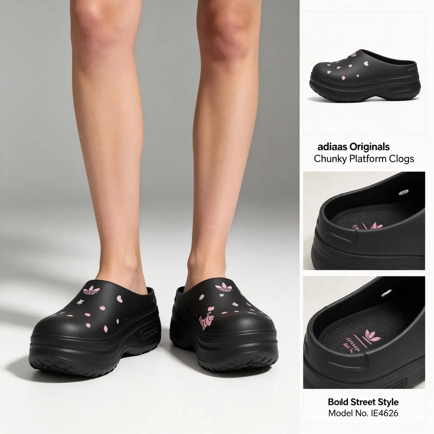 Adidas Originals x Disney Women Platform Clogs Slip On Mules Pink Heart Print Waterproof EVA Chunky Sole Streetwear Sandals