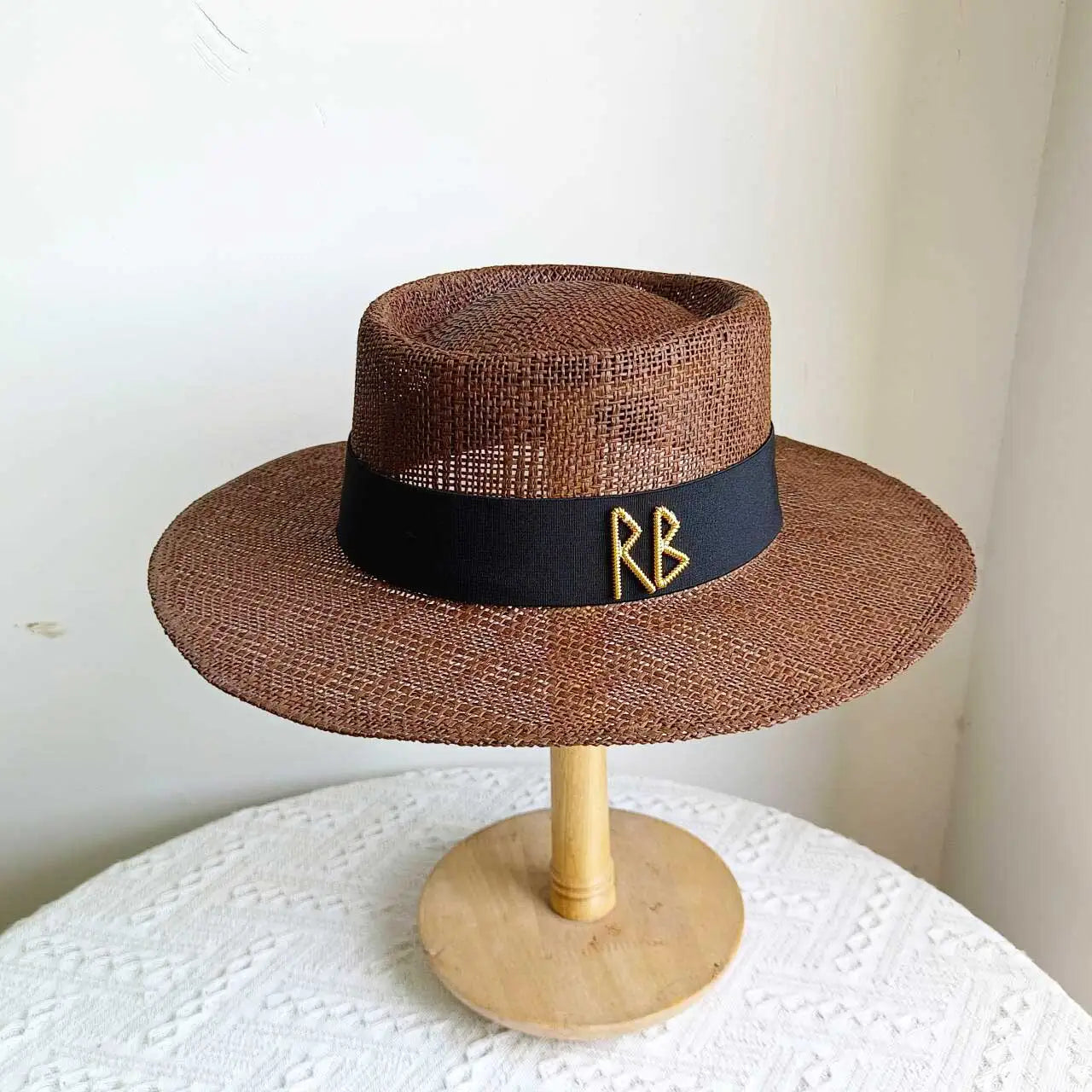 Metal RB letter summer straw hat for men and women summer outdoor vacation beach sun hat panama hat  beach accessories
