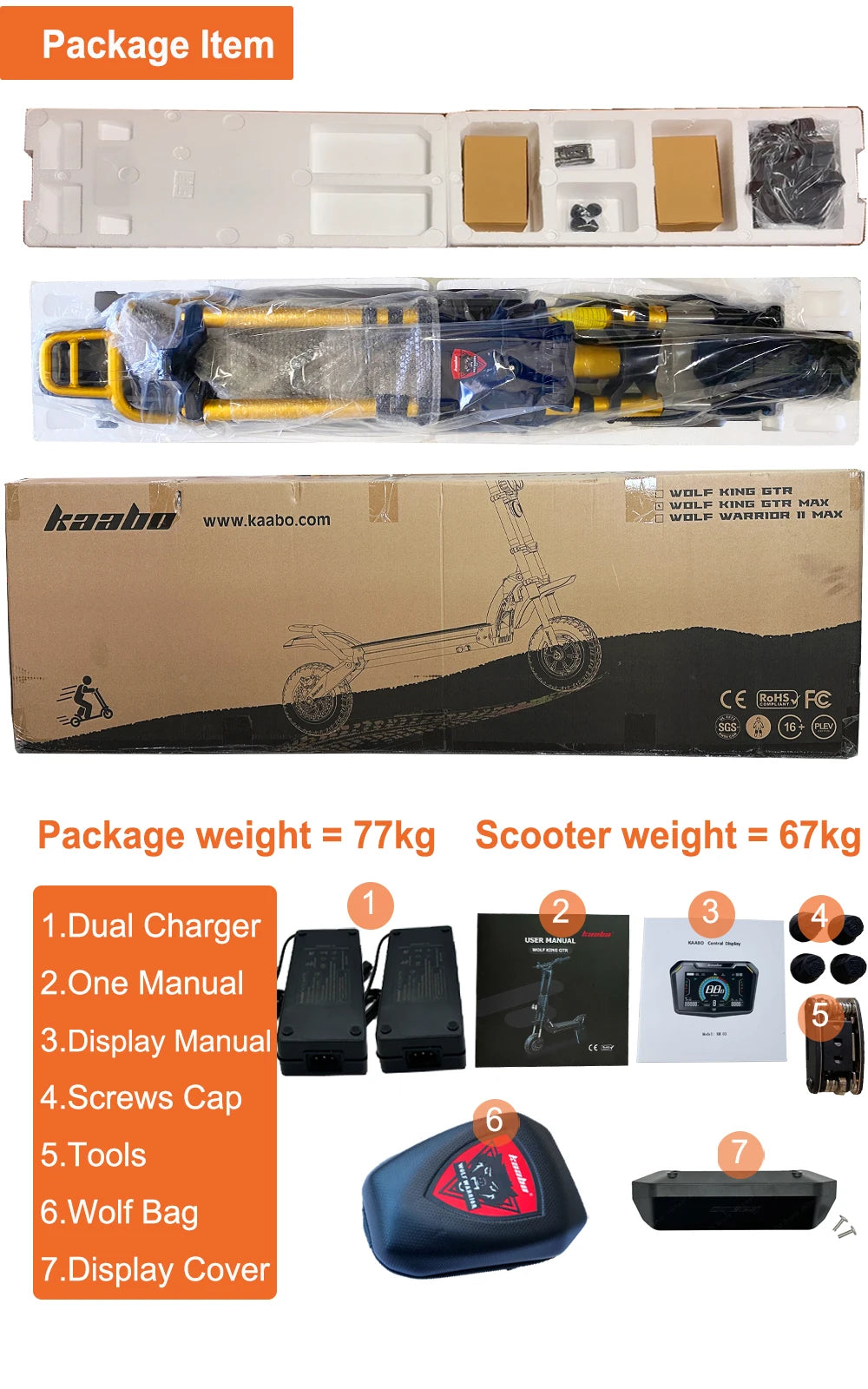 Kaabo Wolf King GTR Max 72V 40Ah 2*2000W Dual Motor Top Speed 105km/h TFT Display IPX7 4Piston Hydraulic Brake Electric Scooter