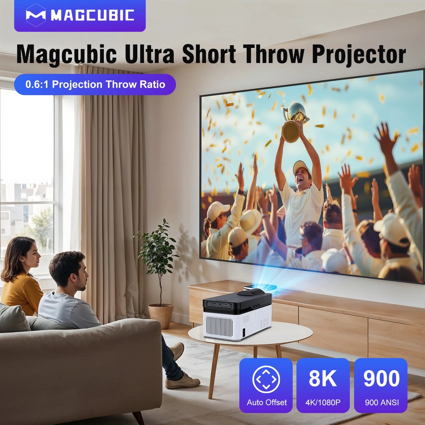 Magcubic 8K Ultra Short Throw Projector with Auto Offset 4K 1080P 900ANSI BT5.4 Electronic Focus WiFi6 AllwinnerH726 Voice HY450