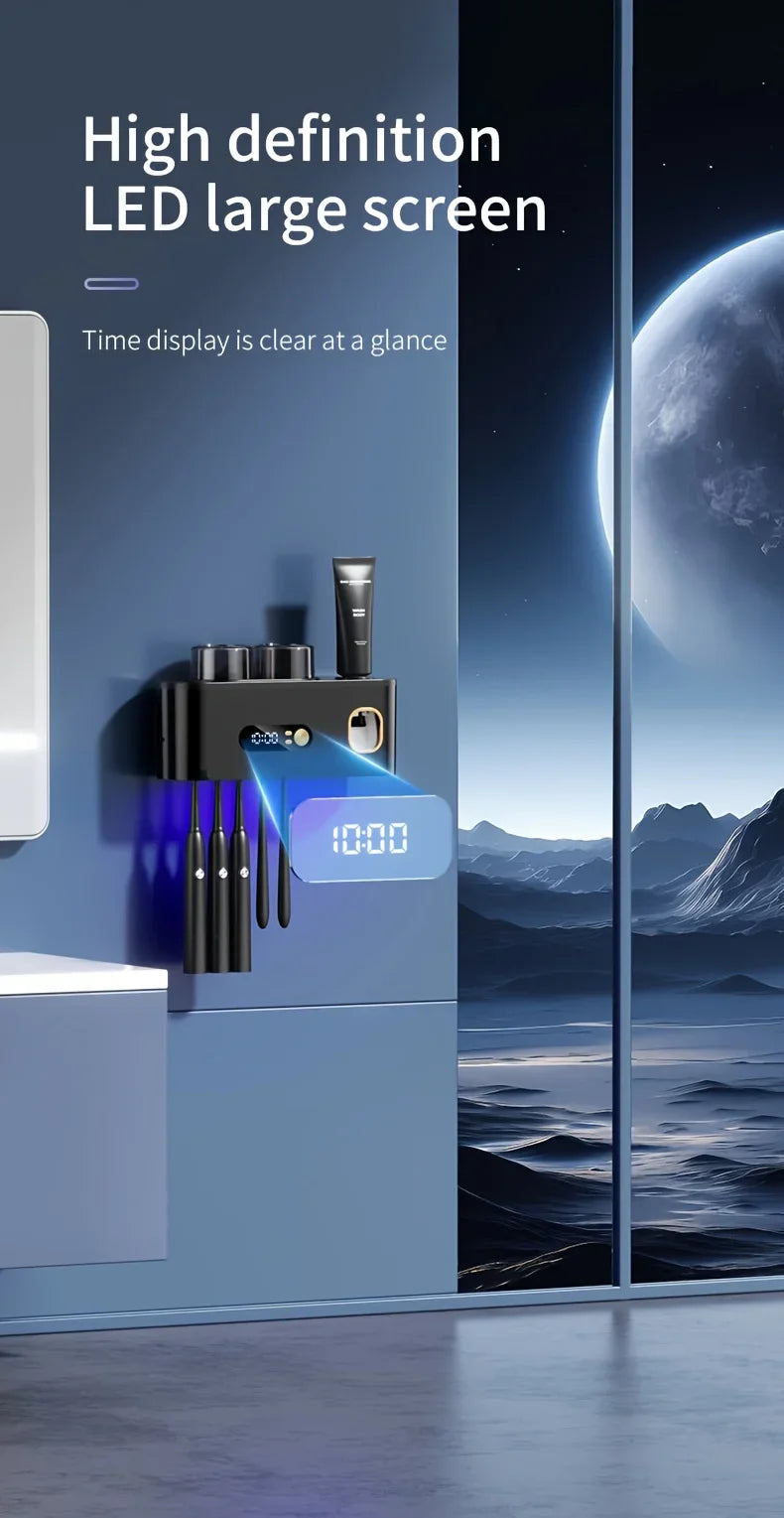 1 smart toothbrush with 2 cups, automatic toothpaste dispenser, 5-slot storage brush holder, USB lithium battery clock display