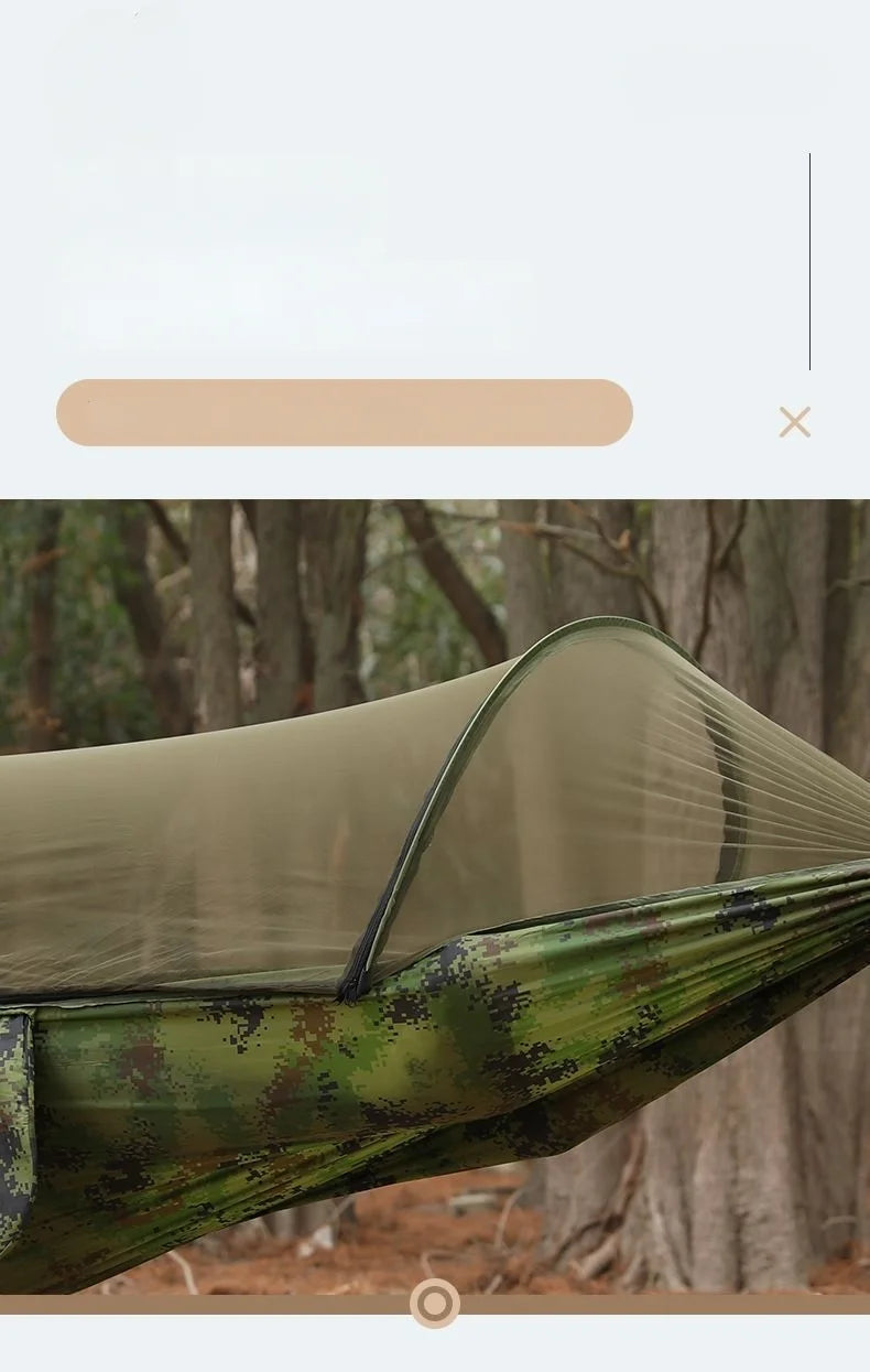Outdoor hammock with quick‑installation, automatic‑deployment, and mosquito‑proof support poles; portable, durable camping and c