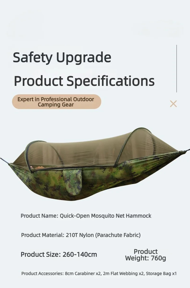 Outdoor hammock with quick‑installation, automatic‑deployment, and mosquito‑proof support poles; portable, durable camping and c