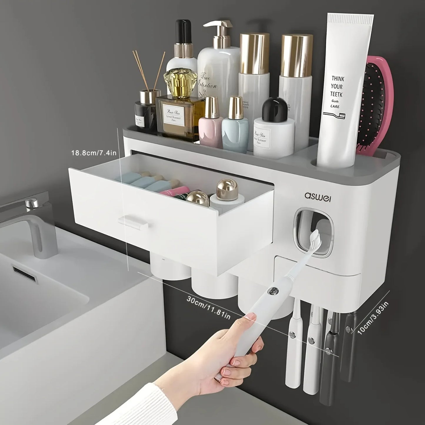 Toothbrush Holder Wall Mounted No-Drill – 2-in-1 Bathroom Organizer with Toothpaste Squeezer & Storage Rack