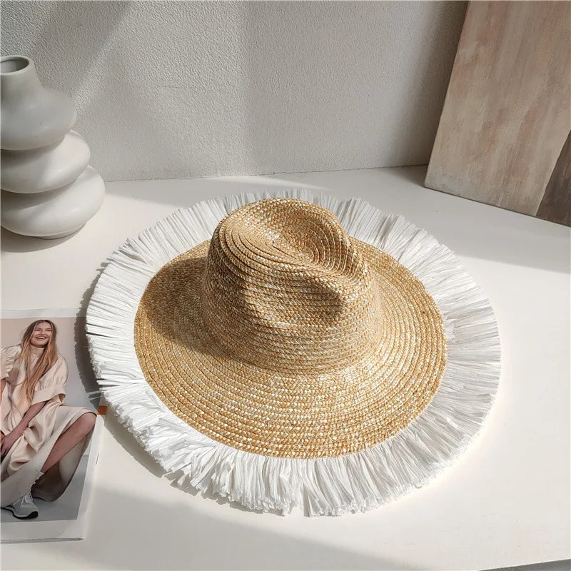 Hepburn style summer straw hat French elegant ladies seaside travel sun hat bow ribbon flat top wide brim straw hat  여름모자