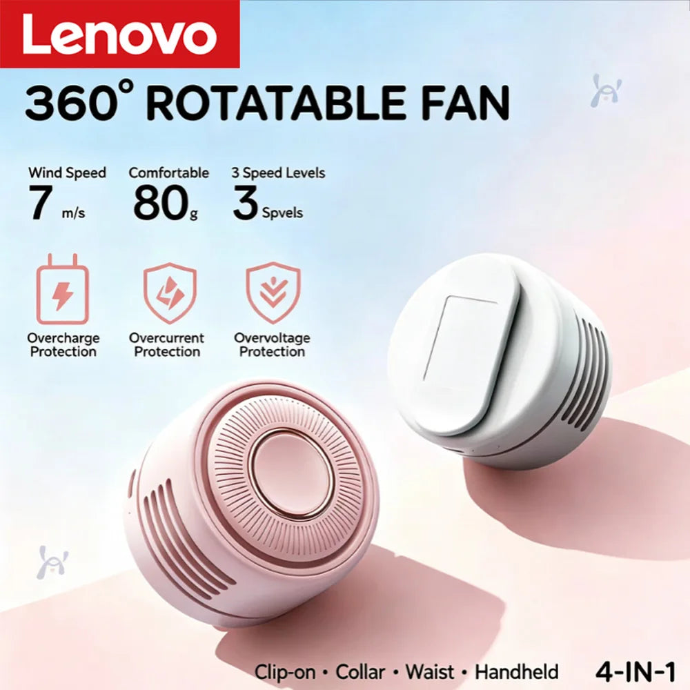 Lenovo 4-in-1 USB Blade-less Neck-Worn Fan Portable Quiet Mini Foldable Student-Friendly and Convenient Clip-On Fan Outdoor