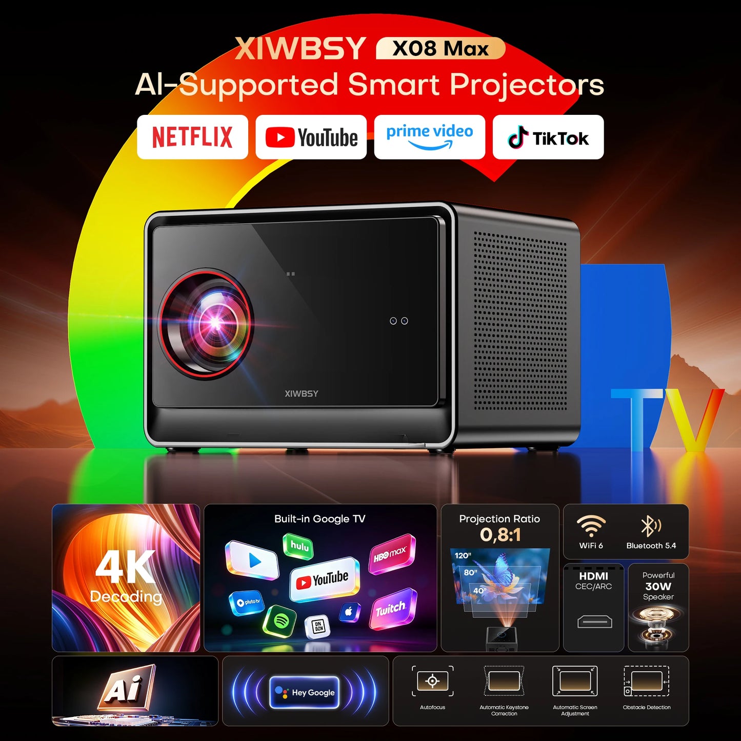 XIWBSY 64GB Google TV Projector 4000ANSI Offline Cinema Beamer 4K HD Video Projector Android 14.0 Sealed Optical Projector