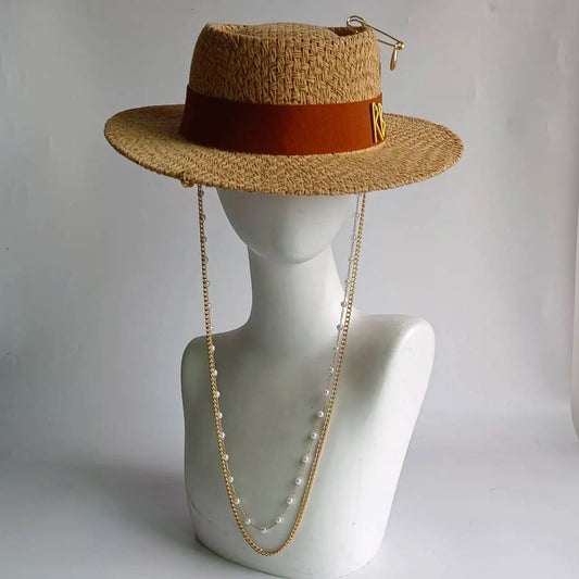 Metal RB letter summer straw hat for men and women summer outdoor vacation beach sun hat panama hat  beach accessories