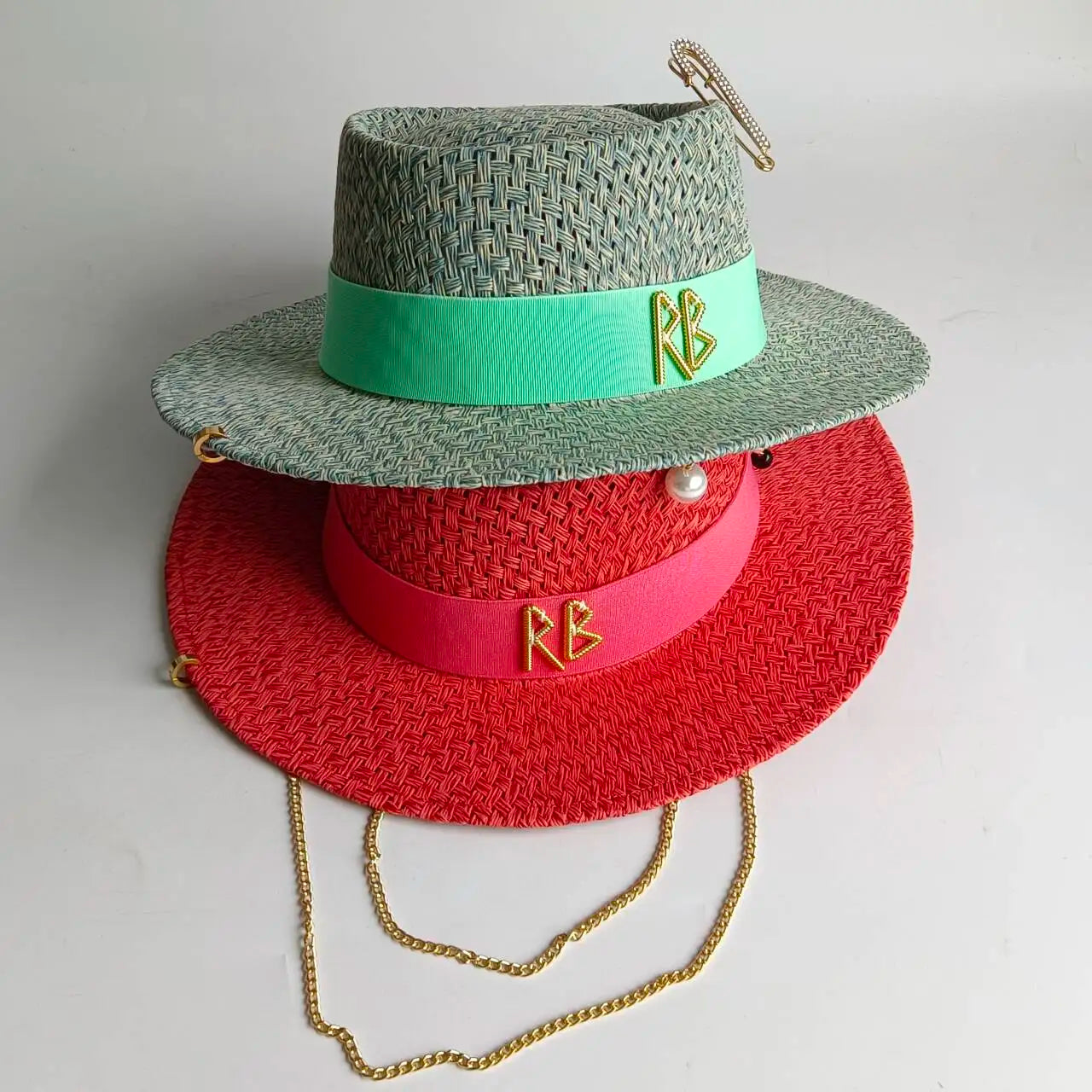 Metal RB letter summer straw hat for men and women summer outdoor vacation beach sun hat panama hat  beach accessories