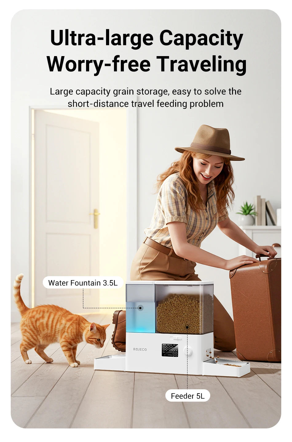 ROJECO 8.5L 2In1 Automatic Pet Feeder Gravity Water Fountain Button Version Auto 5L Cat Kibble Dispenser with 3.5L Water Refill