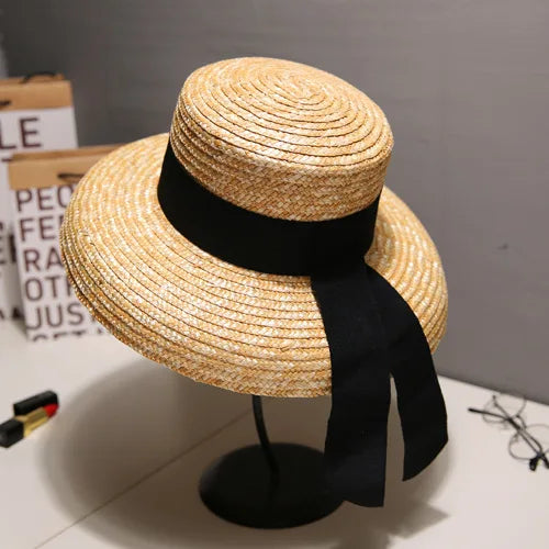 Hepburn style summer straw hat French elegant ladies seaside travel sun hat bow ribbon flat top wide brim straw hat  여름모자