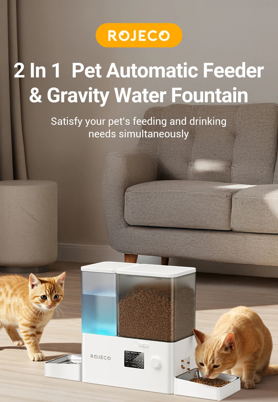 ROJECO 8.5L 2In1 Automatic Pet Feeder Gravity Water Fountain Button Version Auto 5L Cat Kibble Dispenser with 3.5L Water Refill