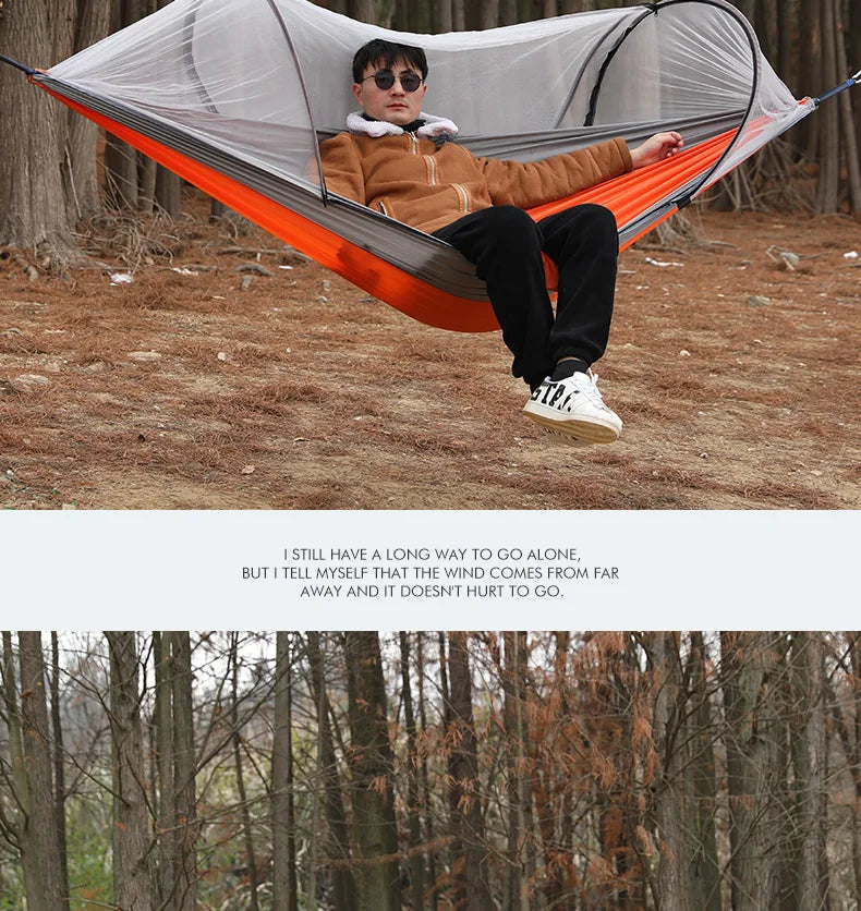 Outdoor hammock with quick‑installation, automatic‑deployment, and mosquito‑proof support poles; portable, durable camping and c