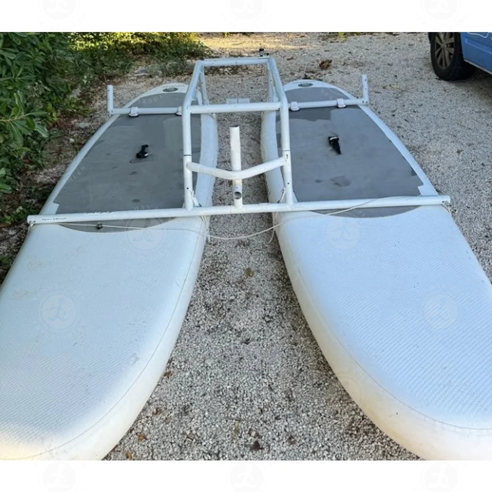 Inflatable Catamaran Boat with Dual Paddleboards and Outboard Motor for Water Adventure