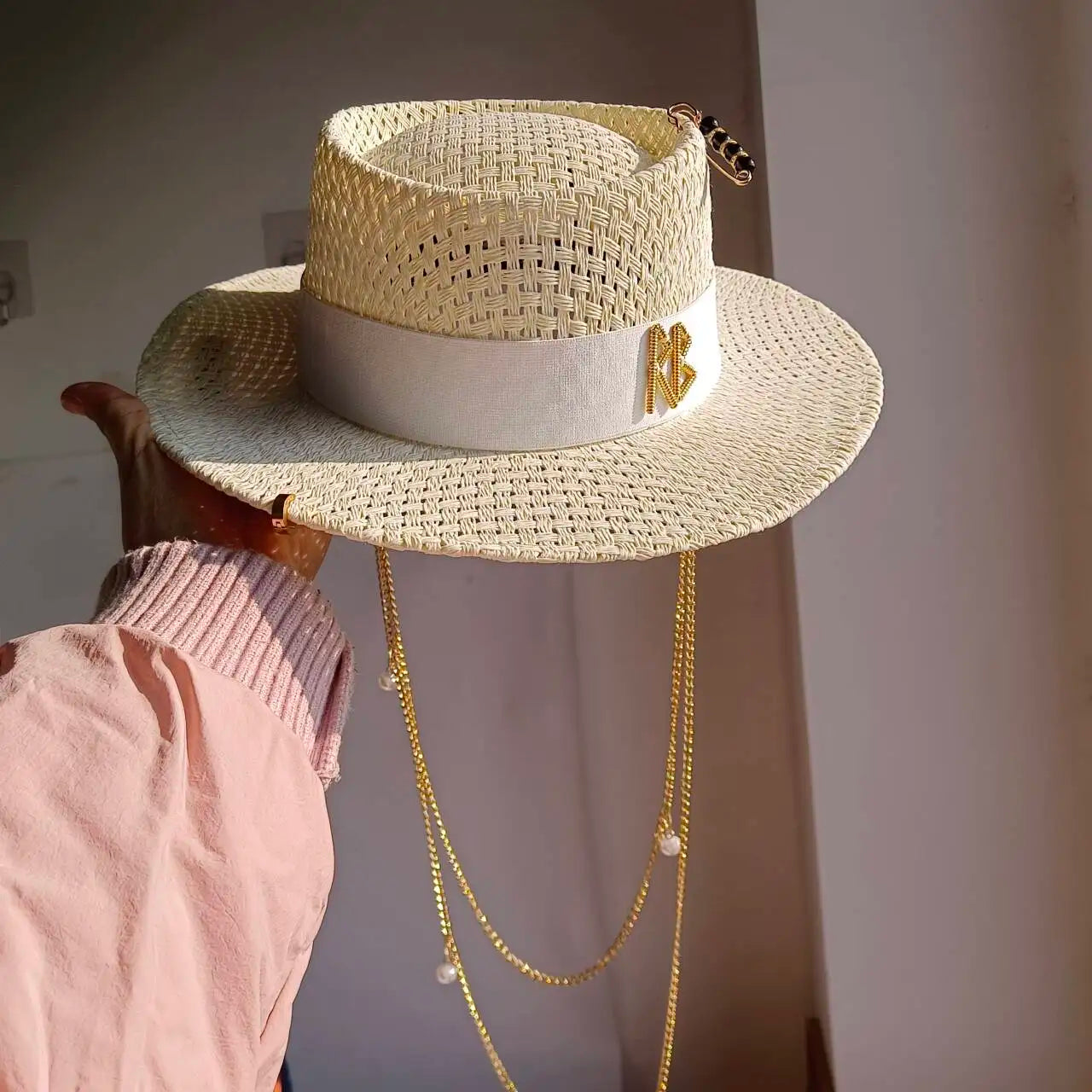 Metal RB letter summer straw hat for men and women summer outdoor vacation beach sun hat panama hat  beach accessories