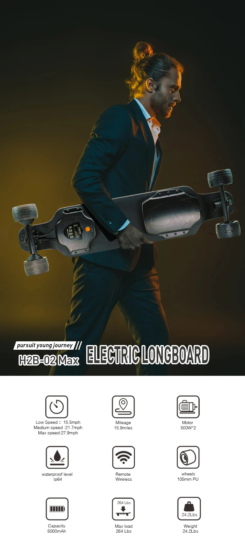 Airo Customizable 40km/h Electric Off-Road Skateboard with 25km Range 5ah Battery & 120kg Max Load Drop Deck Four-Wheel Scooter
